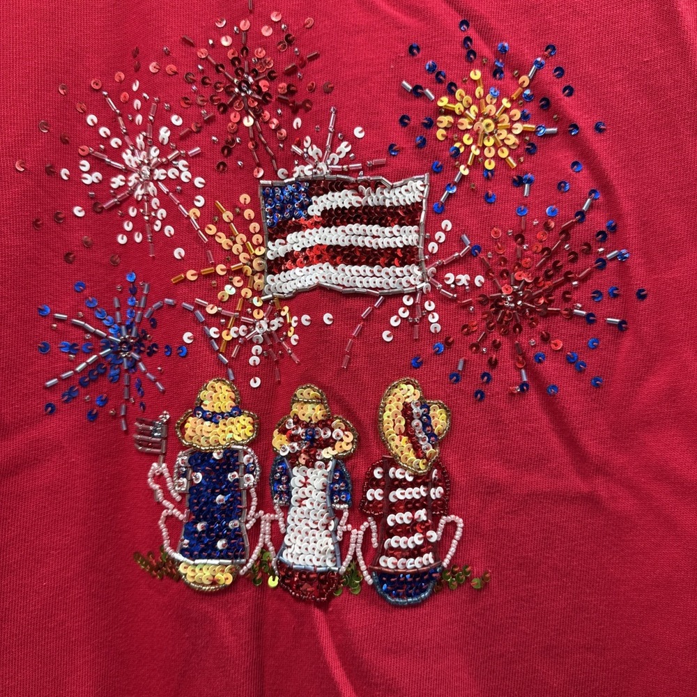 Quacker Factory Women's Top Size Large Sequin Red Blue Fireworks Short Sleeve - Picture 2 of 9